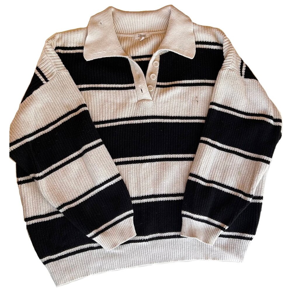 Striped Collared Sweater Cream Black Oversized Pullover